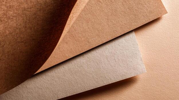 Stack of brown kraft paper sheets with textured surface and soft shadows, minimalist natural background photo