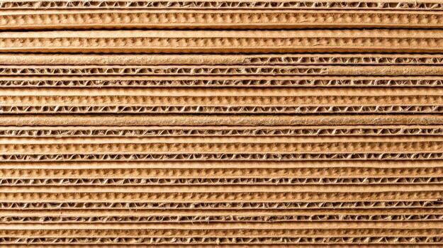 Stack of corrugated cardboard sheets with visible wavy layers and coarse fibers, brown packaging material texture photo