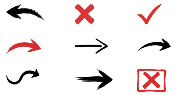 Collection of hand-drawn checkmarks, crosses, and arrows for visual communication and design elements vector
