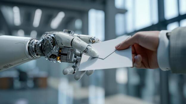 Close-up of robot hand delivering envelope to man in business suit, AI in corporate communications photo