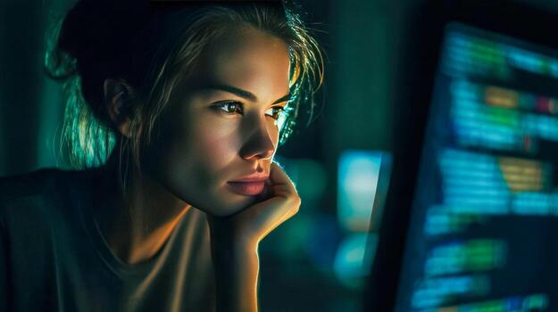 enfocado hembra desarrollador trabajando tarde a noche con código reflejado en pantalla foto