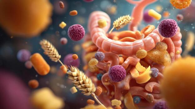 3D artistic rendering of human gut with floating grains, probiotics and nutrients, concept of gut health and microbiome diversity photo