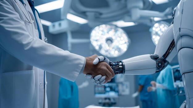A doctor shakes hands with a humanoid surgical robot in a high-tech operating room, artificial intelligence and the future of healthcare photo