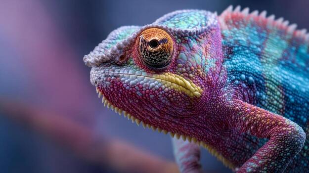 A vibrant panther chameleon, side view, macro shot of the colorful reptile with multicolored scales on a purple background photo