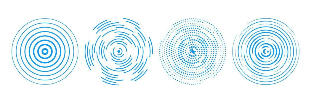 Blue radial concentric circle set. Halftone, dashed and dotted rings for epicenter, target, radar, earthquake, tsunami symbol. Sound wave signal collection. Ripple expansive vibration elements vector