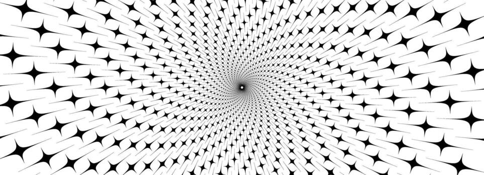 Spinning stars optical illusion background. Black and white hypnotic sparkles surface. Abstract trippy illusion wallpaper for banner, template design. Rotating in spiral sparks poster design. vector