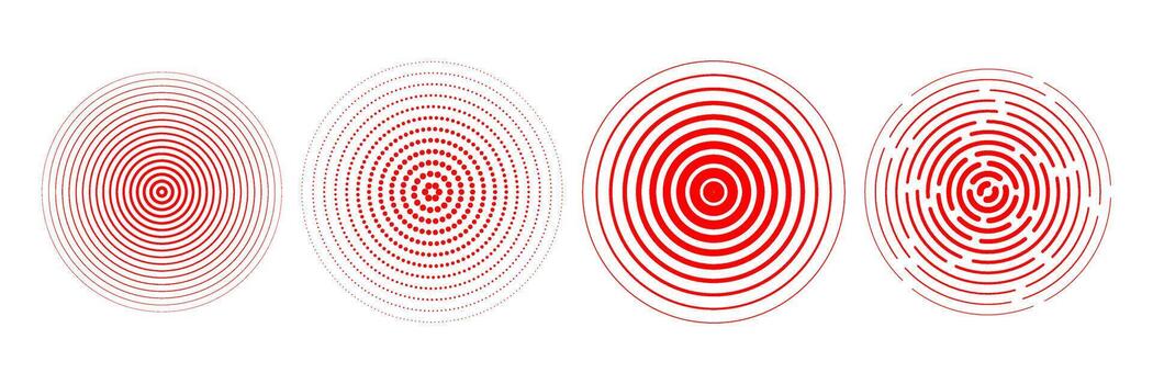Red radial concentric circle set. Sound wave signal collection. Rippled, dashed and dotted rings for epicenter, target, radar, earthquake shockwave symbols. Expansive vibration elements vector