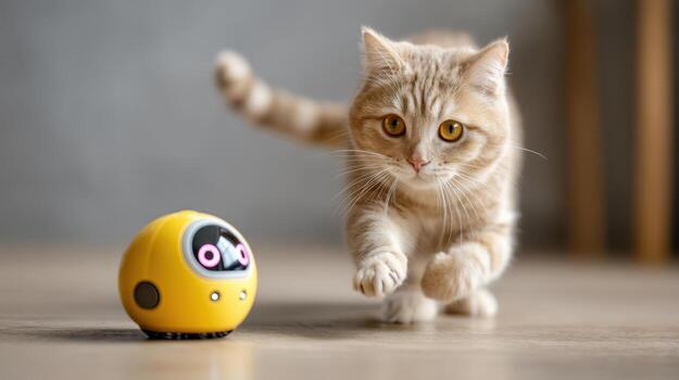 A curious ginger cat plays with an interactive yellow robot on the floor, a smart pet gadget, and an adorable kitten photo
