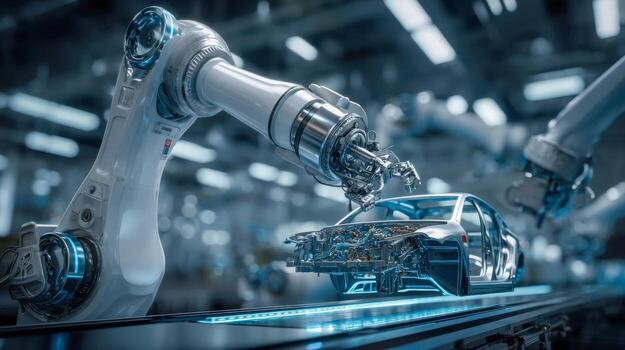 An advanced robotic arm assembles a car chassis in a smart factory, a high-tech automation solution for automotive production photo