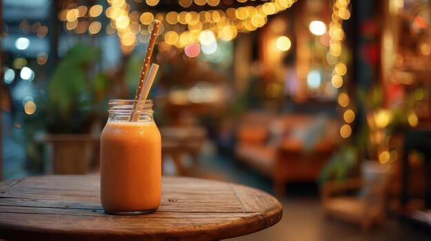 Ice smoothie in a Mason jar with a paper straw on a wooden table, a refreshing summer drink with a cozy cafe bokeh light photo