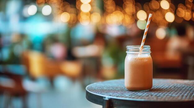 Creamy chocolate smoothie in a glass jar with a paper straw on a cafe table, cozy evening atmosphere with bokeh effect photo