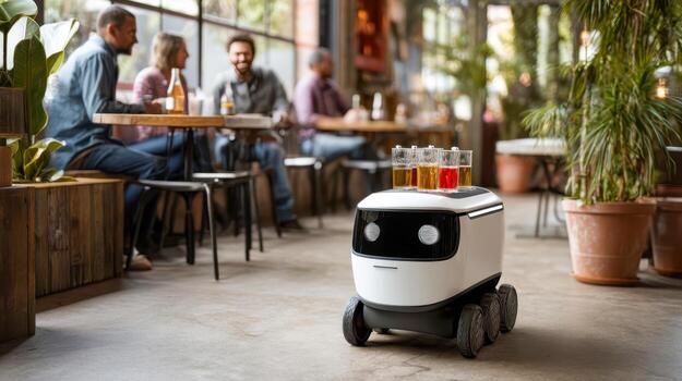 A compact robot waiter serves drinks in a modern cafe, exploring autonomous service and robotics in the hospitality industry photo