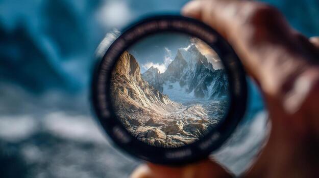 Snow-capped mountain peaks in the frame of the camera lens, sharp focus on the harsh alpine landscape photo