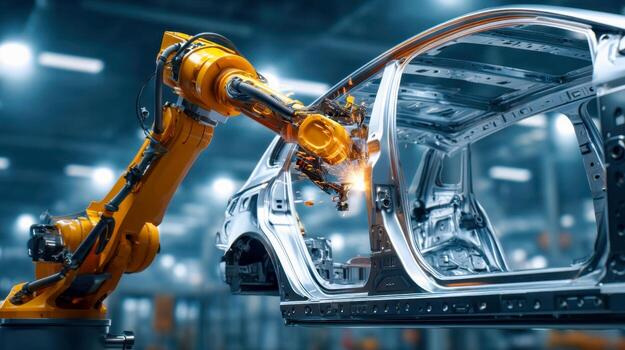 Close-up of industrial robotic arm welding car body frame in modern automobile factory, automation and smart manufacturing photo