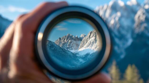 A snow-capped mountain range captured by a camera lens, with jagged peaks in sharp focus against a clear blue sky photo