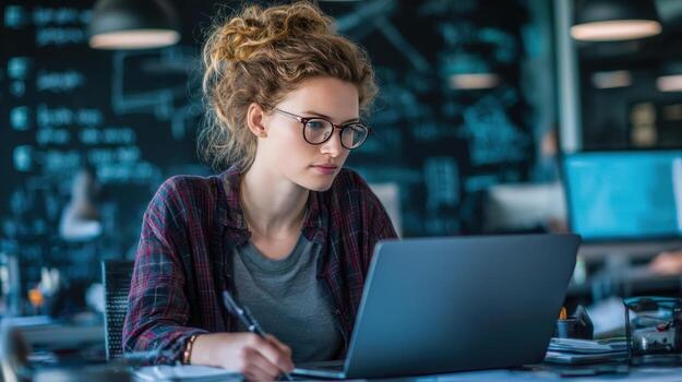 útil hembra programador trabajando en ordenador portátil en moderno oficina en contra pizarra antecedentes foto
