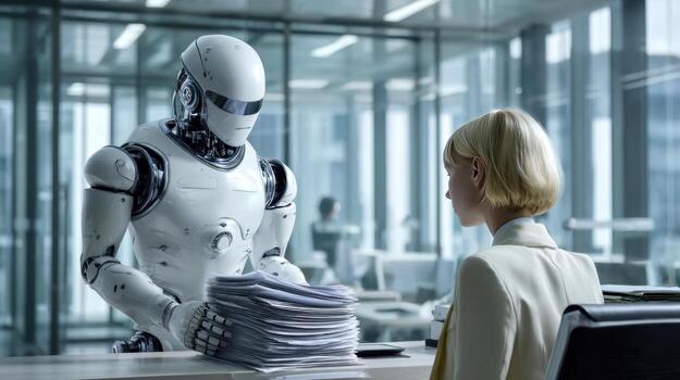 Advanced humanoid robot delivers stack of documents to blonde businesswoman in modern office, concept of AI-powered automation and future workplace photo