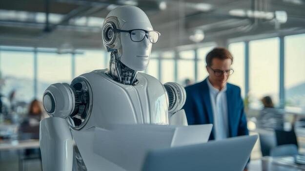Futuristic humanoid robot wearing glasses working in modern office with businessman, artificial intelligence and workplace automation concept photo