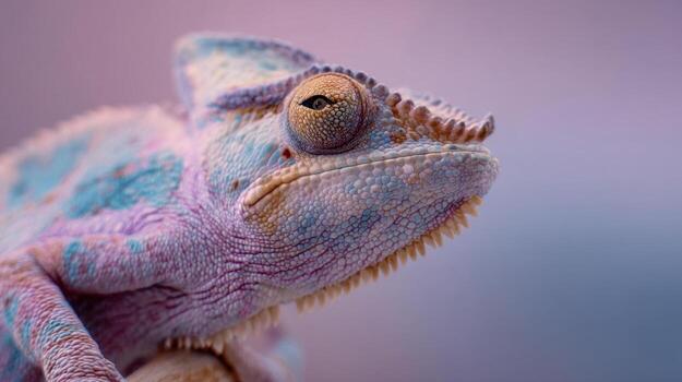 Pastel colored chameleon in profile, macro shot of exotic reptile with soft tones and textured scales on pink background photo
