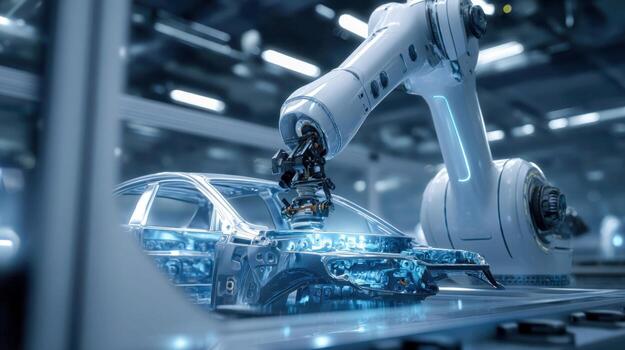 A futuristic robotic arm assembles a car frame in a high-tech factory, a cutting-edge concept in automation and intelligent manufacturing photo