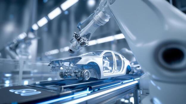 A robotic arm assembles a futuristic electric car on an automated production line, an advanced concept for smart manufacturing photo