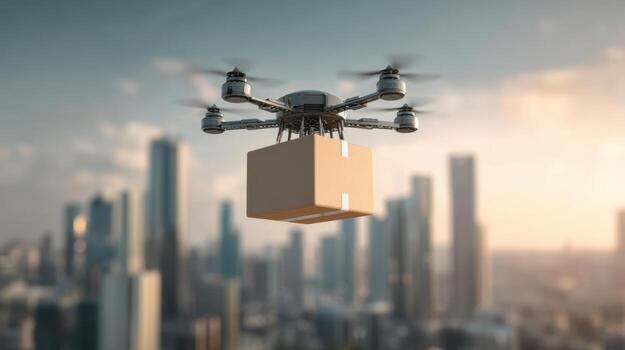 An autonomous delivery drone flies with a package over the city skyline, a glimpse into the future of smart logistics and e-commerce photo