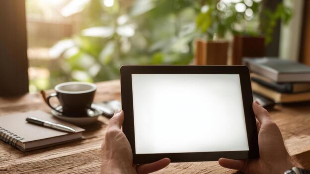 Hands holding digital tablet with blank screen on wooden table, workspace with coffee cup, notepad and books photo