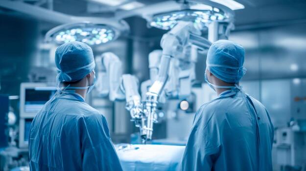 dos cirujanos en azul abrigos observar un robótico quirúrgico sistema en un alta tecnología operando habitación, moderno médico innovaciones foto