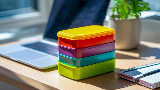 A stack of colorful plastic lunch boxes on an office desk, bright containers with a laptop, notepad and a green plant photo