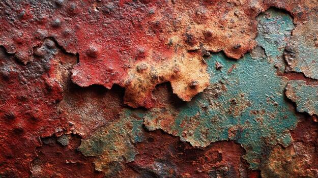 Close-up of weathered metal surface with peeling layers of red, orange and green, a textured abstract pattern of rust and decay photo