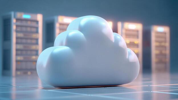 White 3D cloud icon in server room, modern cloud computing and data storage concept photo
