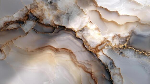 Polished onyx slab with golden veins and multi-layered translucent patterns, a luxurious natural stone for elegant interior design photo