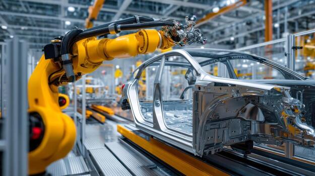 A robotic arm welds a car frame on an automated assembly line, smart manufacturing technologies and the automotive industry photo