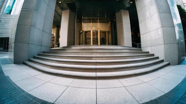 A view from below of the entrance to an office building with wide stone steps and a revolving door photo