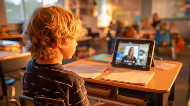Primary school student uses tablet for online learning, child attends virtual lesson with teacher on screen photo