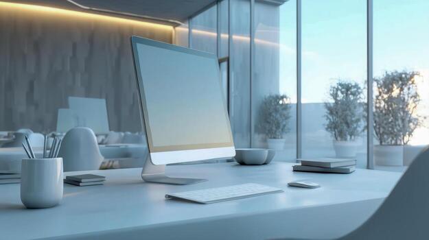 Minimalist modern office desk with computer and stationery in a bright glass workspace photo