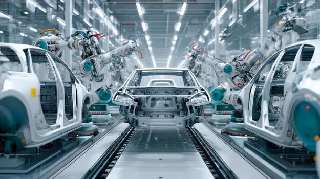 Robotic arms assemble silver car frames on an automated factory assembly line, high-tech automotive manufacturing photo
