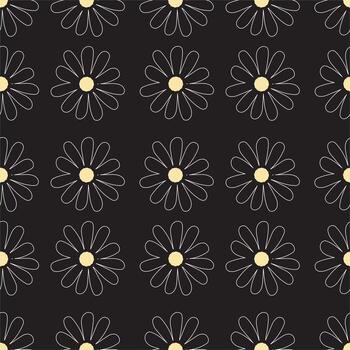 Seamless pattern with linear chamomile flower on black background. vector