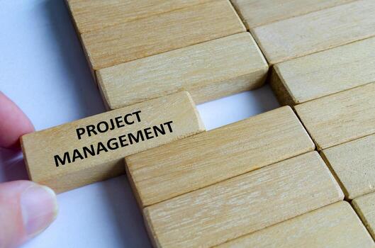 A wooden block engraved PROJECT MANAGEMENT placed on steps symbolizing execution, organization, planning, goals and delivery. photo