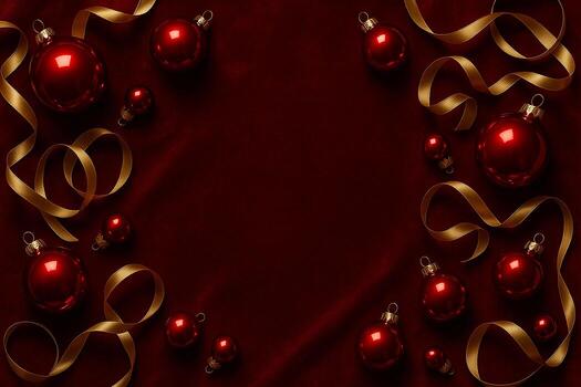 Top view of red baubles and ribbon border design on dark festive background with customizable space for text. photo
