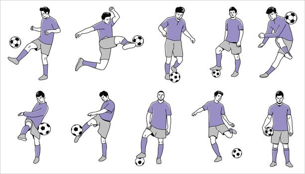 A set of illustrations showing a male soccer player in a purple uniform in various dynamic poses and actions with a football. vector