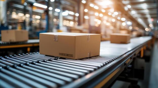 Cardboard Boxes on Conveyor Belt Distribution Warehouse, E-commerce, Logistics, Automation photo