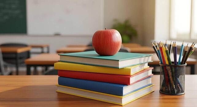Stack of colorful textbooks with red apple and colored pencils on desk in classroom photo