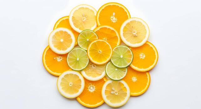 Citrus fruit slices arranged in a circular pattern on white background, oranges lemons and limes photo