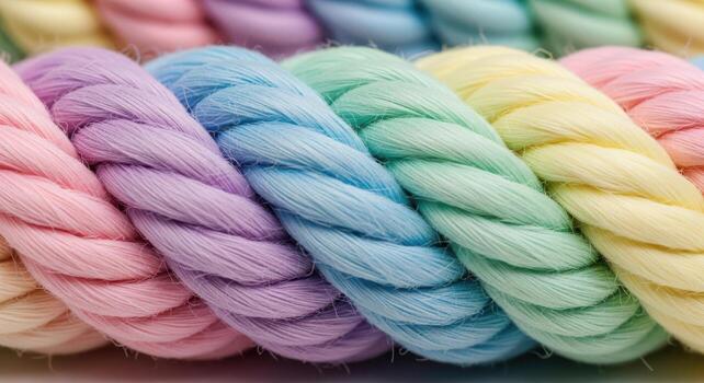 Closeup of a colorful rope with pastel tones, creating a soft and vibrant texture, ideal for backgrounds photo
