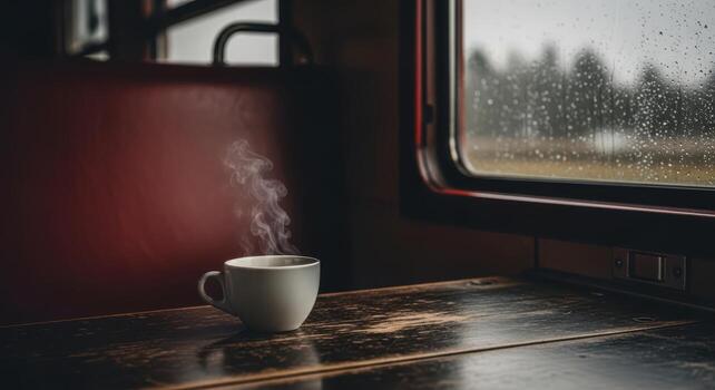 Steaming cup of coffee on a train table with rain drops on the window, creating a cozy atmosphere photo
