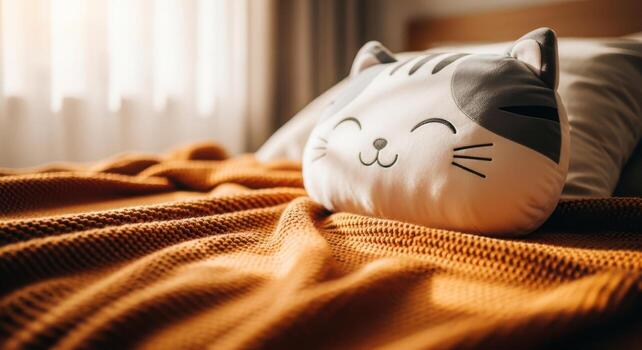 Cozy scene of a cat pillow on a bed with a knitted blanket, creating a warm and inviting atmosphere photo