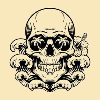 Skull with Palm Tree Reflection and Ocean Waves Illustration vector