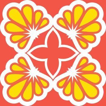 Vibrant abstract seamless pattern design with yellow fan-like motifs outlined in white, symmetrically arranged on a bold coral-red background for modern graphic projects vector