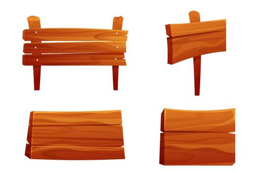 Wooden signpost set, empty board textured wood plank.Wood plank frame game signpost, farm garden or jungle pointing panel. Set menu ui design. Outdoor empty textured arrow vector